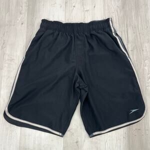 Speedo Boy's Athletic Shorts Large Black White 10" Inseam Unlined Gym Training